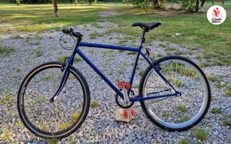 Niebieski rower typu singlespeed stojący w parku na żwirowej ścieżce.